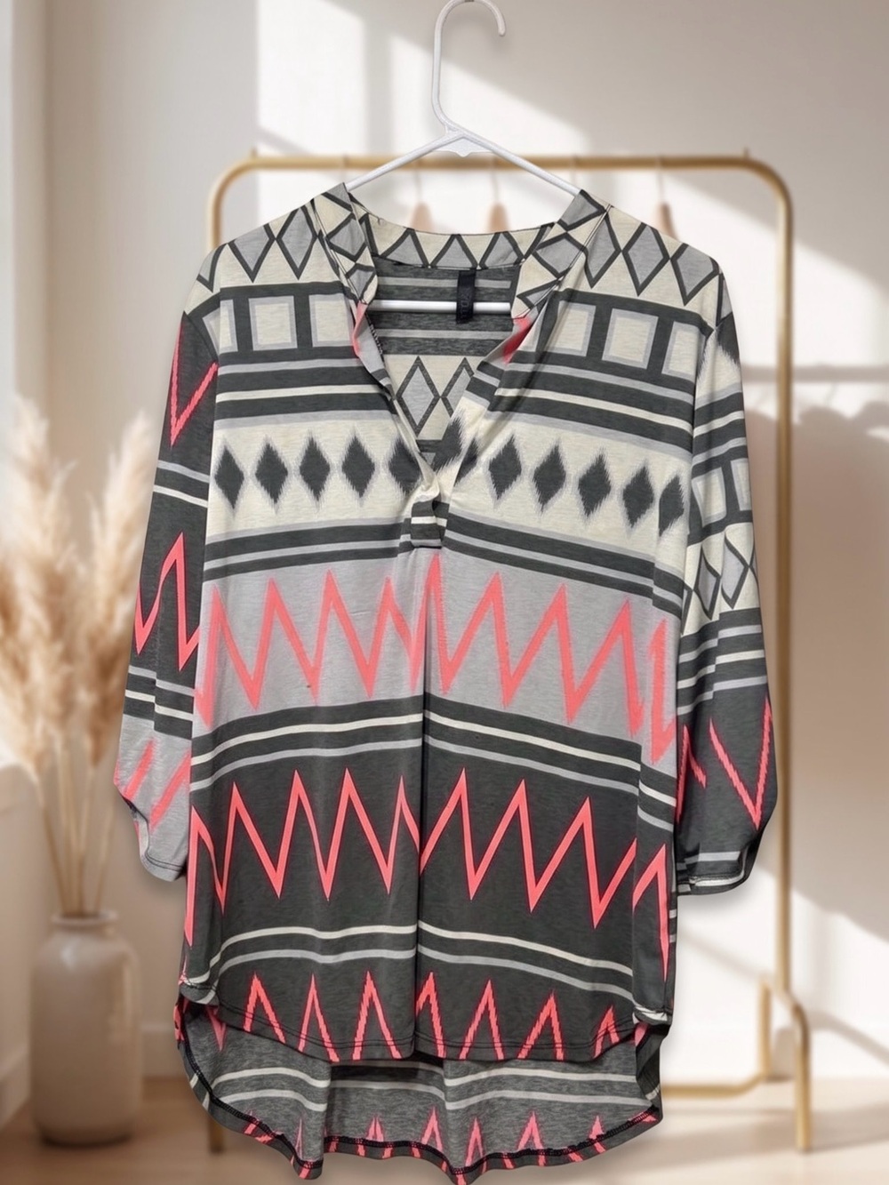 Voll Style Geometric Zigzag Tunic - Pink & Gray